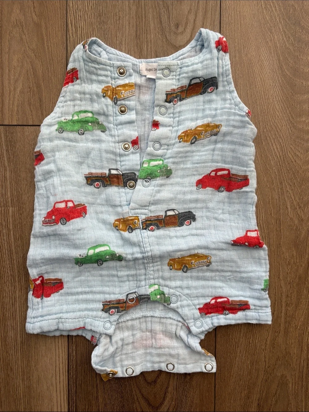 Angel Dear Light Blue Muslin Romper with Red, Green & Gold Cars
